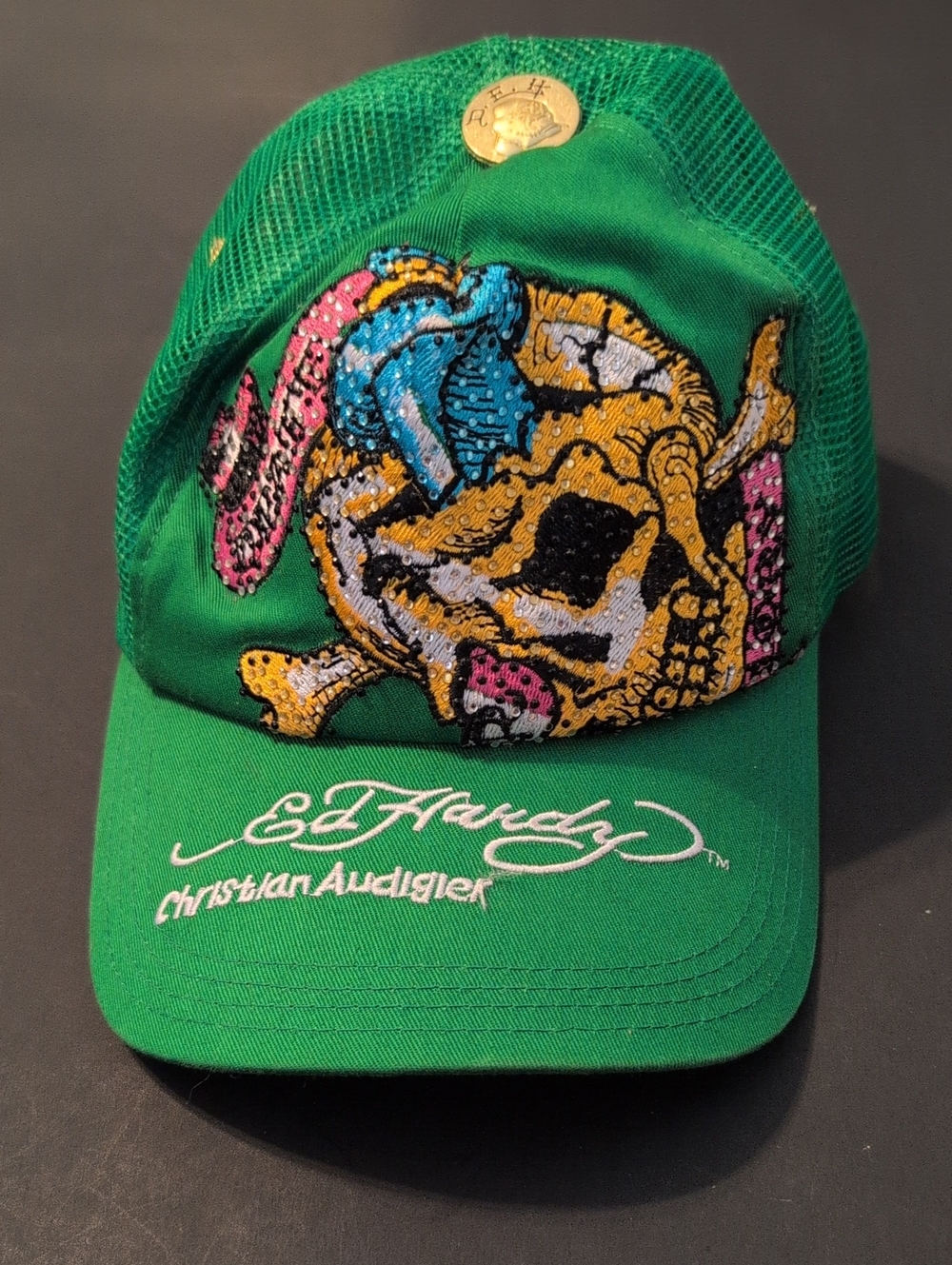 Ed Hardy Kids Green Sequin Skull Cap by Christian Audigier
